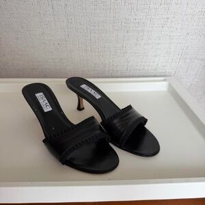 Isaac Mizrahi Black Leather Open-Toe Mule Heels with Pleated Trim